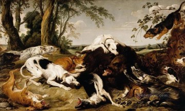 古典的 Painting - イノシシを仕留める猟犬